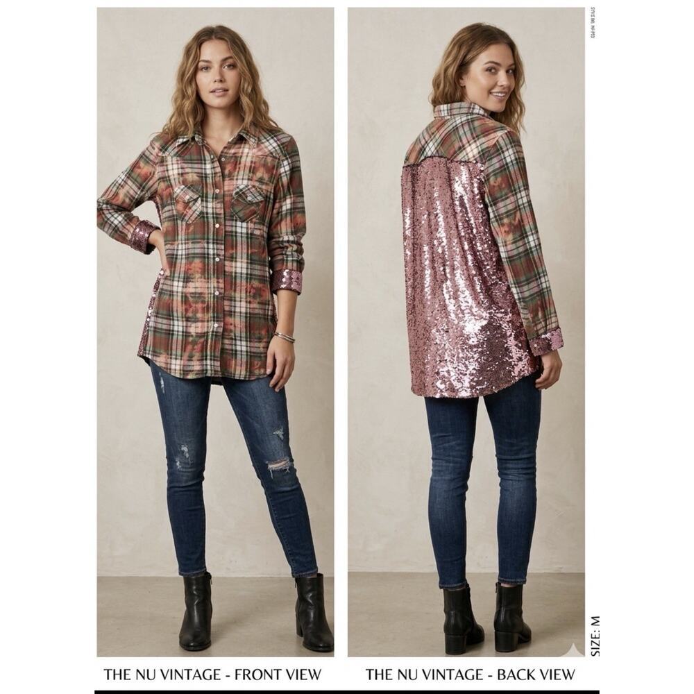 The Nu Vintage Women’s Plaid Shirt Sequins Western Boho Distressed Bleached M